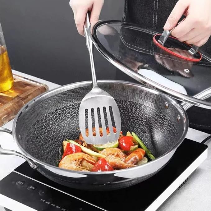 Honeycomb Wok 12 inch Pan with Lid, nonstick stir fry with silicone handles, Hybrid stainless steel cooking frying pan, dishwasher safe.