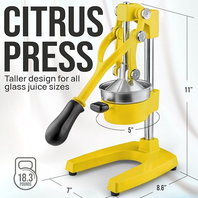 Zulay Kitchen Cast Iron Juicer - Easy-to-Clean Heavy-Duty Manual Juicer, Professional Citrus Juicer - Stainless Steel Lemon Squeezer - Manual Citrus Press & Orange Squeezer - Orange Juicer (Yellow)