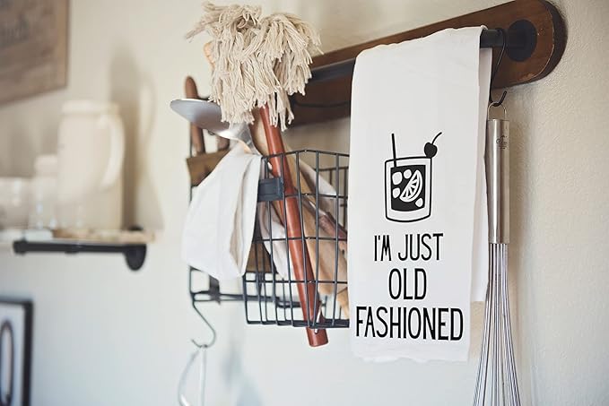 Handmade Funny Kitchen Towel - 100% Cotton Funny Old Fashion Bar Towel for Kitchen - 28x28 Inch Perfect for Hostess Housewarming Christmas Mother’s Day Birthday Gift (I’m Just Old Fashioned)