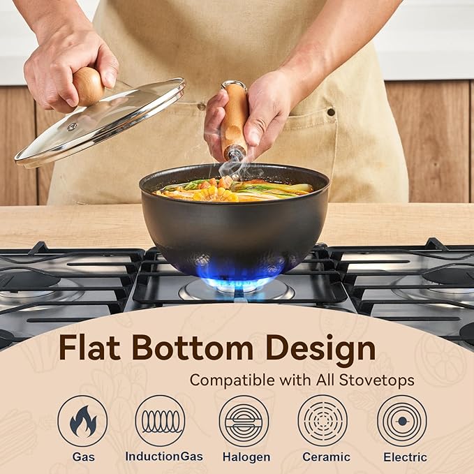 WANGYUANJI 7.1 Inch Hammered Iron Saucepan with Glass Lid, Removable Beechwood Handle, Small Milk Pot for Boiling, Simmering, Heating – Non-Coated, Stovetop Compatible
