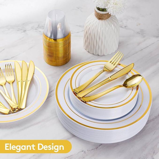 Goodluck 600 Pieces Gold Disposable Plates for 100 Guests, Plastic Plates for Party, Dinnerware Set of 100 Dinner and 100 Dessert Plates, 100 Spoons, 100 Forks, 100 Knives, 100 Cups