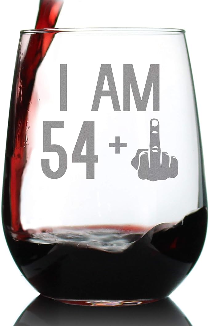 54 + 1-55th Birthday Stemless Wine Glass for Women & Men - Cute Funny Wine Gift Idea - Unique Personalized Bday Glasses for Mom, Dad, Friend Turning 55