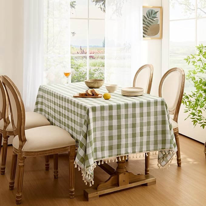 Softalker Spring Checkered Tablecloth Rectangle, Outdoor Linen Cotton Gingham Table Cloth with Tassel, Heavy Duty Wrinkle Free Buffalo Plaid Table Cover for Easter Dining Home - 55 x 84 Inch, Sage