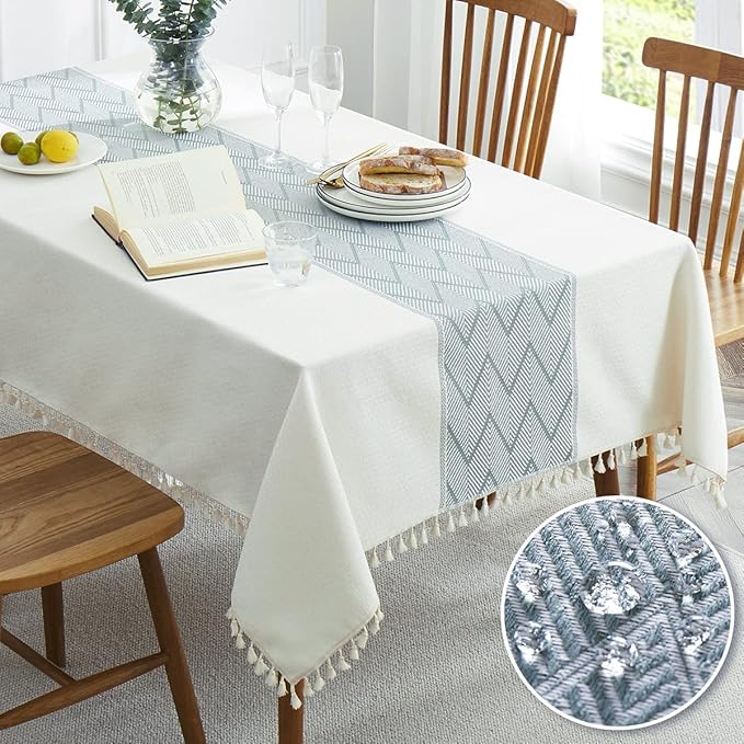 QIANQUHUI Embroidered Tablecloth for Dining Table,Dust Proof Spillproof Soil Resistant Cotton Linen Rectangle Table Cloths (Blue, Rectangle/Oblong, 55'x102'', 8-10 Seats)