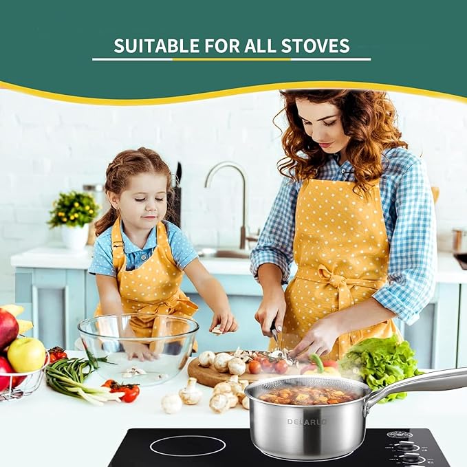 DELARLO Tri-Ply Hybrid Stainless Steel Saucepan, Hybird 1.5QT Non Stick Pots, All Stove Safe Up to 600℉, Sauce Pot 1.5 Quart Non Stick Sauce Pan, Saucier, Honeycomb, Small Saucepan, Lids 300℉