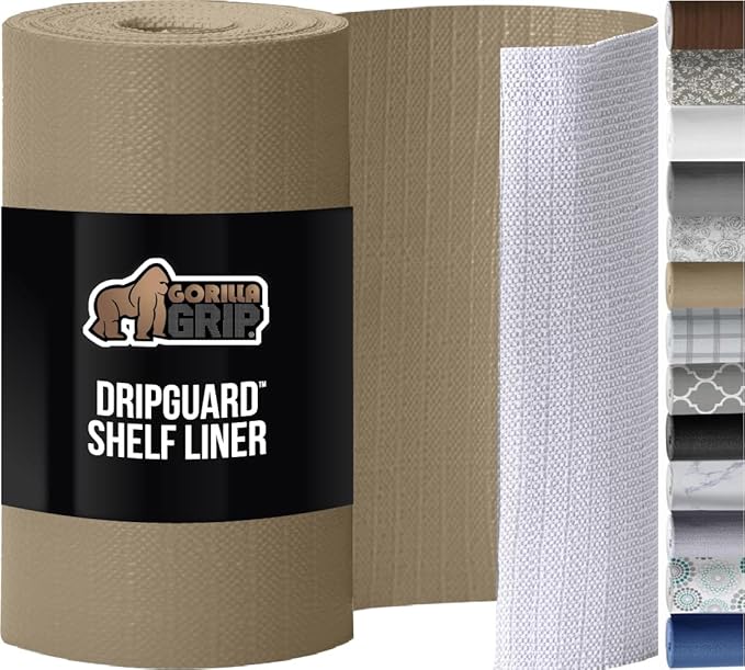 GORILLA GRIP DripGuard Shelf Liner, Non Adhesive Drawer and Kitchen Cabinet Protector, Slip Resistant BPA Free Smooth Surface Plastic Liners for Cabinets, Bathrooms, Closets, 17.5x240 Inch, Beige