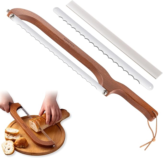 Sourdough bread knife,Bread Slicer for Homemade Bread,Adjustable blade tightness for Even Slicing, Serrated knife,Wooden Bread cutter with Bow Design (3, Red-brown color)