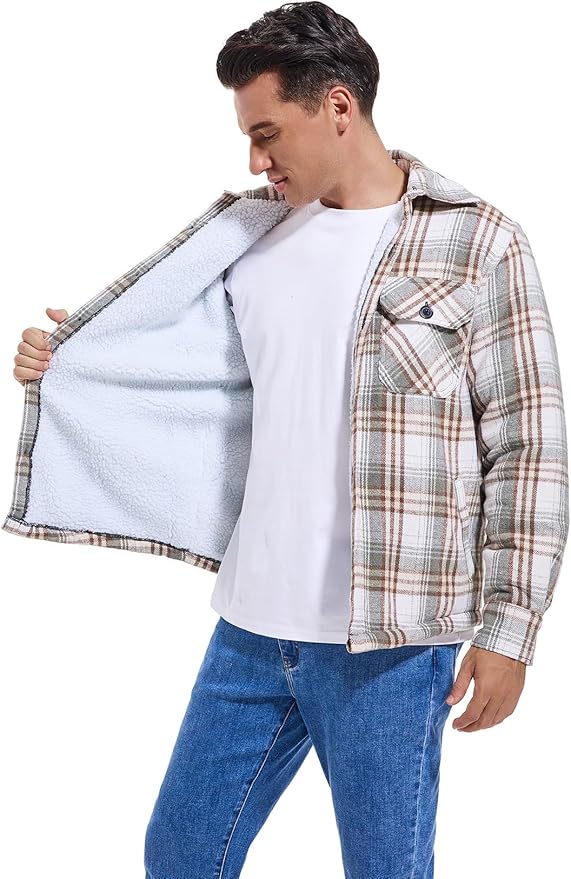 Men's Cotton Sherpa Lined Button Down Flannel Shirt Jacket Plaid Soft Outdoor Flannel Jacket Shirt