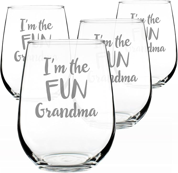 Bevvee Fun Grandma – Funny Stemless Wine Glass, Large 17 Ounce Size, Etched Sayings, Gift Box - Set of 4
