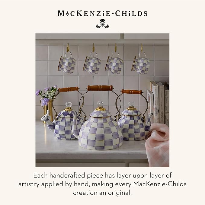 MACKENZIE-CHILDS Enamel Whistling Tea Kettle, Decorative Teapot, 2 Quarts, Purple-and-White Violet Check