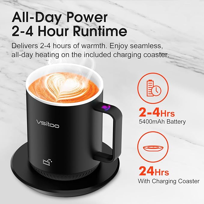 Vsitoo S3 12oz Heated Mug - Temperature Control Smart Mug with Mug Warmer, Perfect for Espresso, Auto-Sensing AI Heats Drinks to 120-150°F Hands-Free.Ideal for Home/Office/Gifts，White