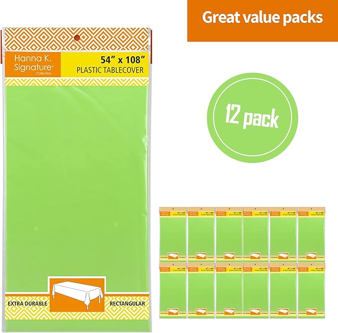 Lime Green Disposable Plastic Tablecloth for Rectangle Tables (12 Pack) Premium Decorative Table Covers, for Parties, Events and Weddings, Indoors & Outdoors, 54 x 108 inch, Rectangle, Lime Green