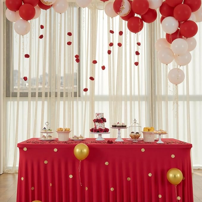 6 Pack Red Rectangle Tablecloth with Elastic Table Skirt – 6FT Fitted Spandex Table Cover, 72 Inch Wrinkle-Resistant & Stretchable for Christmas Wedding Banquet Party Buffet Restaurant