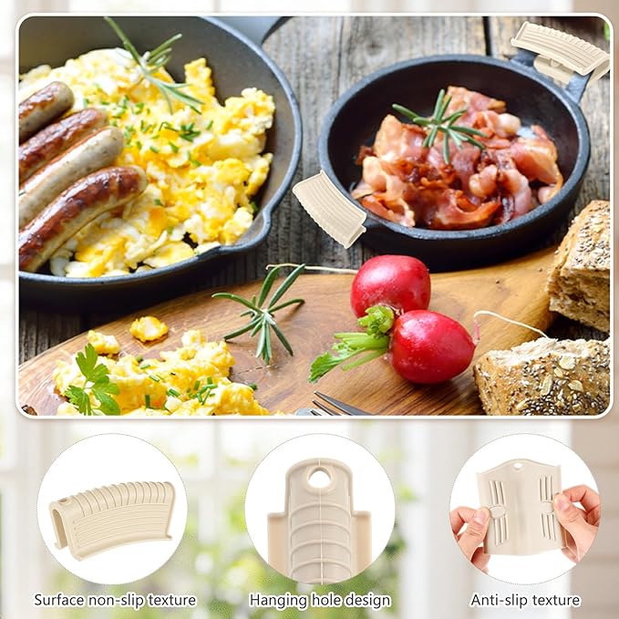 Patelai 4 Pcs Silicone Assist Hot Pan Handle Holder Pot Handle Covers for Cast Iron Skillets Holder Sleeve Nonslip Heat Resistant Pan Cover for Enameled Griddles Casserole Frying Cookware (Beige)