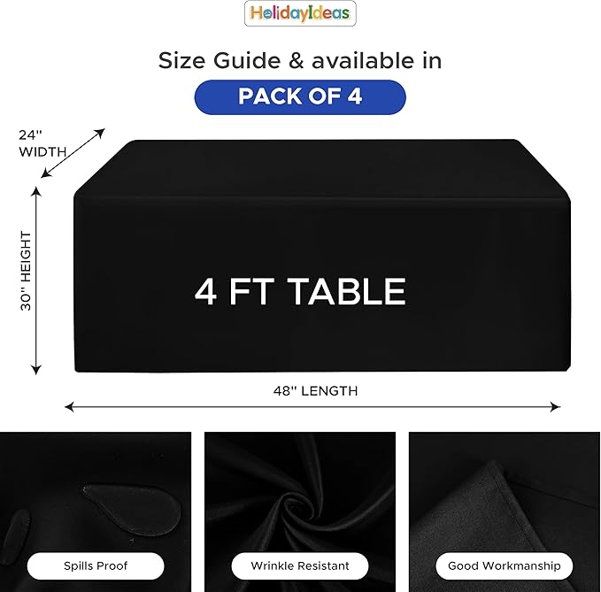 HolidayIdeas Fitted Black Tablecloths for 4 Foot Rectangle Table, Wrinkle Resistant Washable Table Cover 24x48 Inch for Vendor Booth Display, Banquet, Trade Show, 4 Pcs