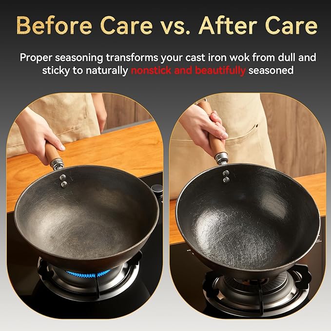 WANGYUANJI 10.2 Inch Cast Iron Wok with Lid, Flat Bottom Small Stir-Fry Pan with Wooden Handle, Uncoated Cast Iron Skillet for Gas, Induction and Electric Stovetops