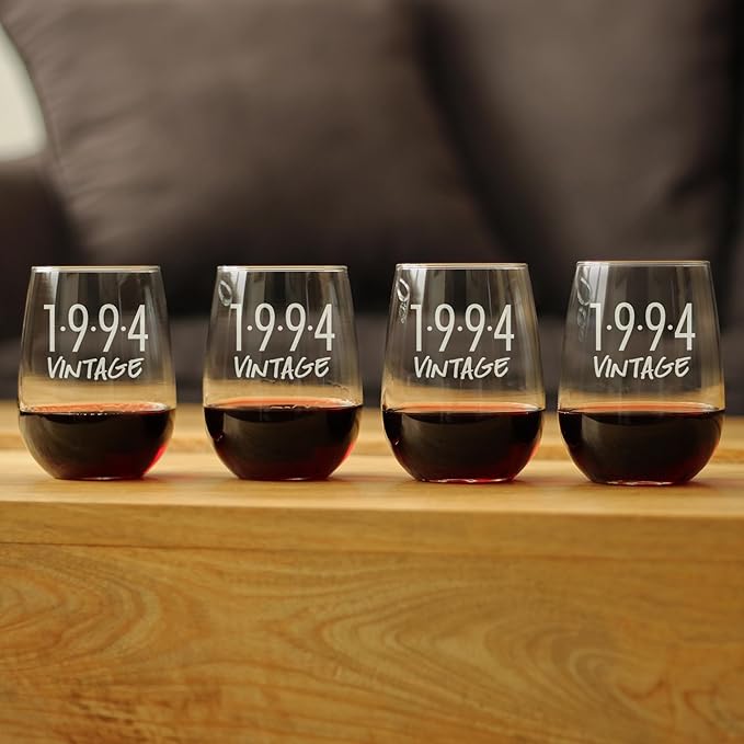 Bevvee Vintage 1994 Stemless Wine Glass - 32nd Birthday Gifts for Women & Men Turning 32 - Bday Party Decor - Set of 4 - Large 17 oz