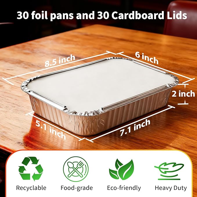 Aluminum Foil Pans with Lids - 2.25 LB Food Containers Disposable Tin Foil Meal Prep Containers with Lids, 50 Pans and 50 Cardboard Covers for Baking, Freezer & Food Storage, 8.5" X 6" (30 Pack)