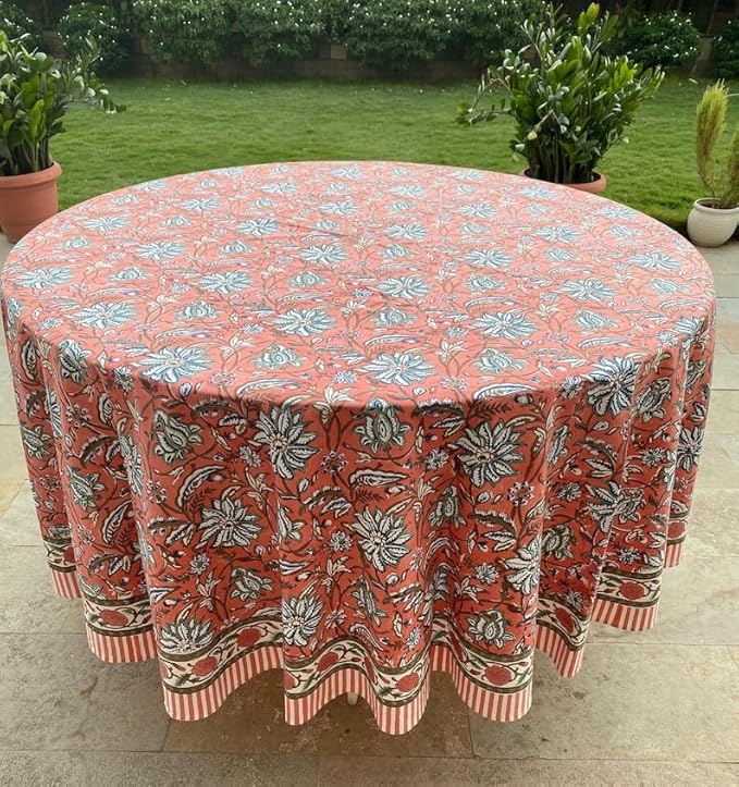 Ridhi Block Print Round Peach and Berry Blue Reusable Tablecloth 100% Cotton 132" Inch Decorative Table Cover eveyday Dining, Home, Party, Wedding, Farmhouse Gift for Spring, Easter, Valentine