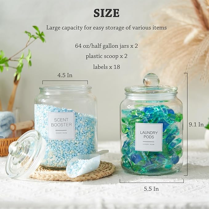Half Gallon Glass Jars - Large Airtight Containers with Scoop and Labels for Organization and Storage Laundry, Bath Room, Kitchen and Pantry Holder, Set of 4