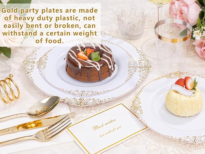 YOUBET 700PCS Gold Plastic Dinnerware Set - White and Gold Disposable Plates for 100 Guest - 200 Disposable Plates, 300 Heavy Duty Plastic Silverware, 100 Cups,100 Napkins for Wedding