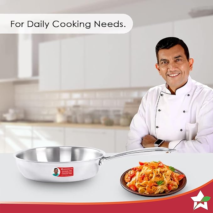 Wonderchef Nigella Tri-ply Stainless Steel 24 cm Fry Pan 2 litres 2.6mm Thickness with Induction Base Compatible with All cooktops Riveted Cool-Touch Handle 10 Year 20 cm Silver