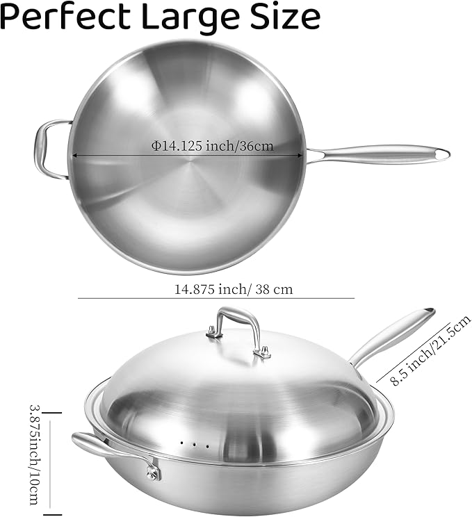 LOLYKITCH Tri-Ply 14.5 Inch Stainless Steel Wok Pan with Steel Lid, Stir-Fry Pan,Induction Cooking Pan,Dishwasher and Oven Safe
