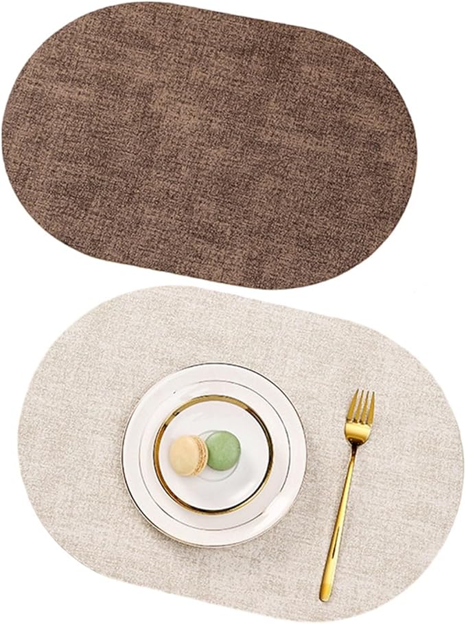 Luxury PU Oval Round Place Mats for Dining Set of 1/4 Non-Slip Coaster Leather Tableware Coffe Pads Kitchen Accessories(Vin Dark Grey,44x30cm 1pcs)
