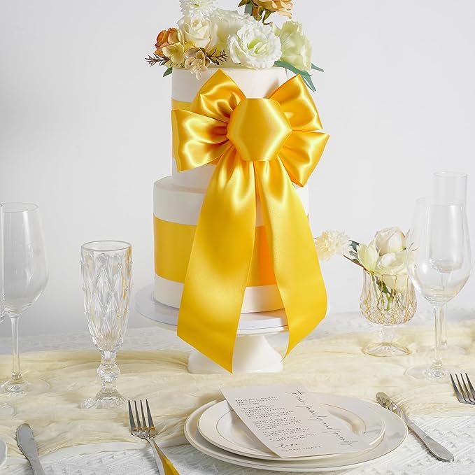 MEEDEE Yellow Satin 3 Inch Ribbon Lux Double Faced Satin Ribbon Wide Fall Autumn Colored Ribbons by 10 Yards Yellow Ribbons for Christmas Tree, Weddings, Flower Bouquet, Wreath Bow Making