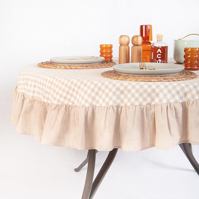 MONDAY MOOSE Gingham Checkered Farmhouse Rustic Ruffle Style Decoration Round Natural Stonewashed Cotton Tablecloth for Kitchen, Dining Room, Restaurant (60" Round, Beige)