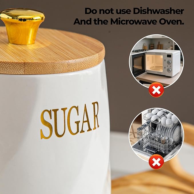 Ceramic Canister Set of 3 for Sugar Coffee Tea with Tray, White Airtight Food Storage Jars with Wood Lids, Kitchen Counter Storage Containers - 23oz
