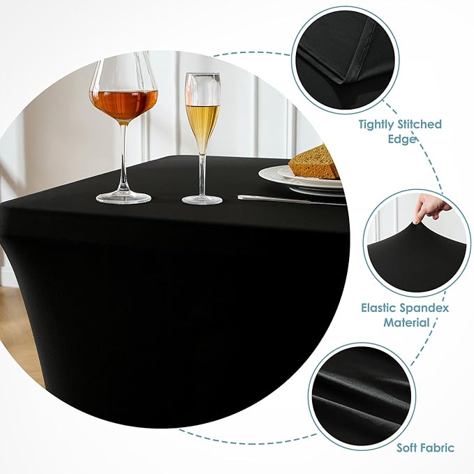 VidaFete Spandex Tablecloth 2 Pack 6FT, Fitted Stretch Table Cover for Rectangle Tables, Wrinkle Resistant and Washable Tablecloths for Outdoor, Picnic, Party, Wedding, Banquet, Birthday, Black