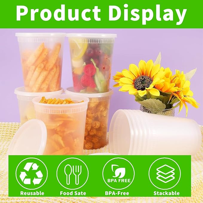 Jeffbaubl 24oz Deli Containers with Lids, 50 Pack Leakproof Clear Takeout Container, Deli Food Storage Containers, BPA Free Stackable Plastic Soup Container, Microwave Dishwasher Freezer Safe