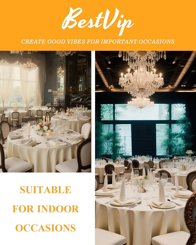 BESTVIP 6 Pack 90" Ivory Round Decorative Tablecloths - Polyester Fabric Washable Table Cloth Cover for Wedding Reception Banquet Birthday Party Buffet Restaurant, Dinning Tables