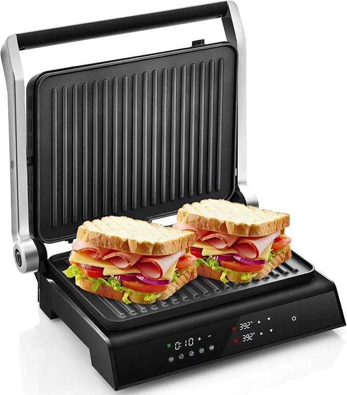 COSTWAY Electric Panini Press Grill, 1200W Gourmet Sandwich Maker w/Non-Stick Double Sided Plates & Removable Drip Tray, 3 in 1 Electric Indoor Gril, Open 180 Degrees to Fit Any Type or Size of Food