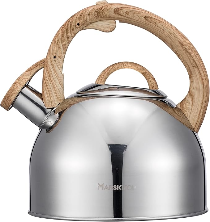 MARSKITOP Whistling Tea Kettle for Stove Top, Food Grade Stainless Steel Tea Pot with Wooden Pattern Handle, Loud Whistle Water Kettle Teapot, 2.64 Quart, Silver