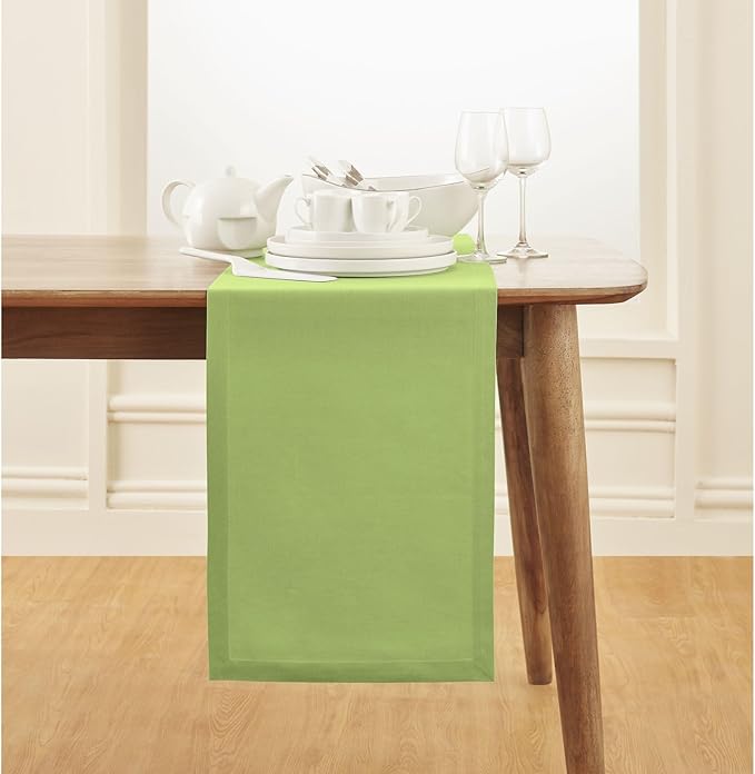 Solino Home Cotton Linen Table Runner 90 Inches Long - Dru Apple Green Table Runner 14 x 90 Inch for Dining, Spring, Easter, St Patricks Day - Handcrafted and Machine Washable