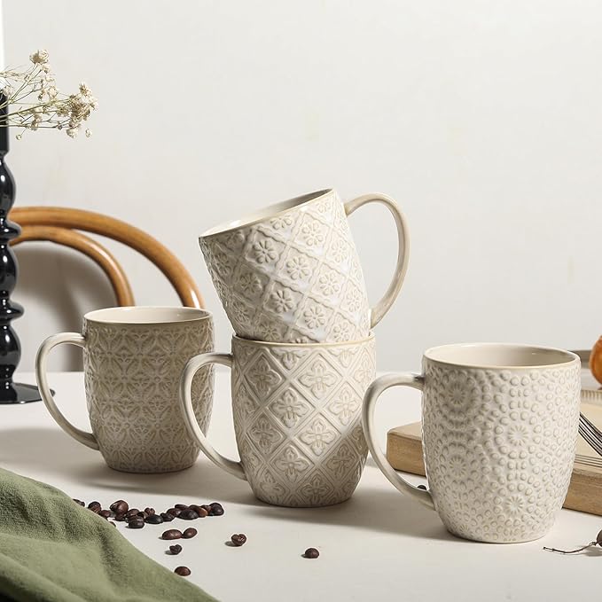 Coffee Mug Set of 4, 16 oz Large Ceramic Mugs, Porcelain Embossed Cups for Cocoa, Tea, Milk, Mocha, Cappuccino - Housewarming Present, Wedding Decoration, Dishwasher Safe, 3.5 x 4.5 inch