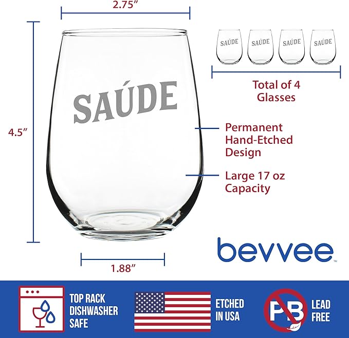 Bevvee Saude - Portuguese Cheers - Stemless Wine Glass - Portugal Themed Gifts or Party Decor for Women - Set of 4 - Large