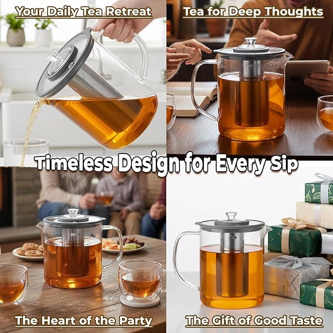 Aquach 85oz Large Glass Teapot & Tea Maker- Stovetop & Dishwasher Safe, Plastic-Free Borosilicate Glass Tea Kettle for Loose Leaf & Iced Tea