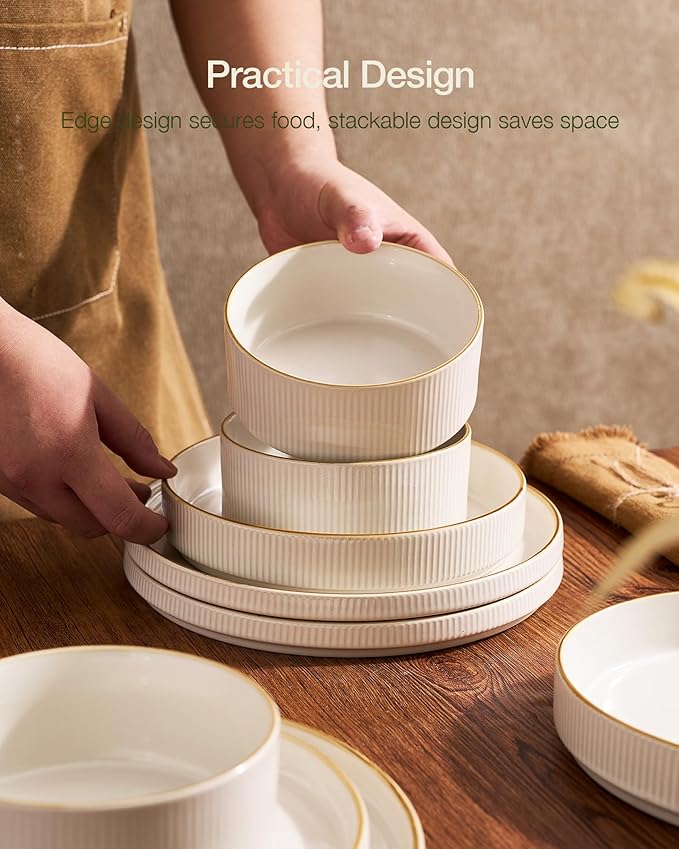 famiware Star Dinnerware Set, Plates and Bowls Sets for 6 (18pcs), Ribbed Stoneware Dishes - Chip & Scratch Resistant, Microwave & Dishwasher Safe Kitchenware, White