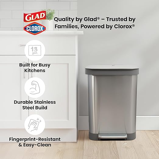 Glad Stainless Steel Step Trash Can, Series 2 with Clorox Protection - Large Metal Kitchen Garbage Bin with Soft Close Lid, Foot Pedal and Waste Bag Roll Holder, 13 Gallon