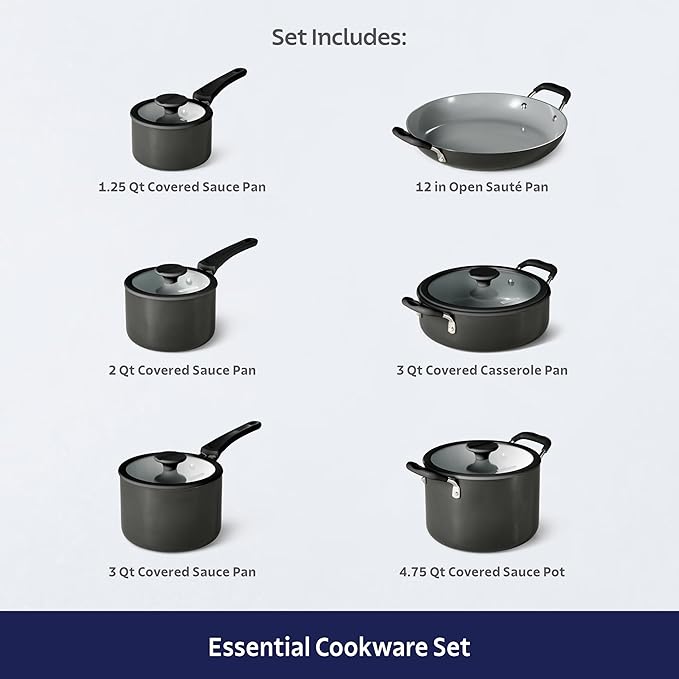 Tramontina Ceramic Non Stick 11-Piece Nesting Pots and Pans Set with Lids - Stackable Nonstick Cookware Set, Dishwasher and Oven Safe, Dark Gray