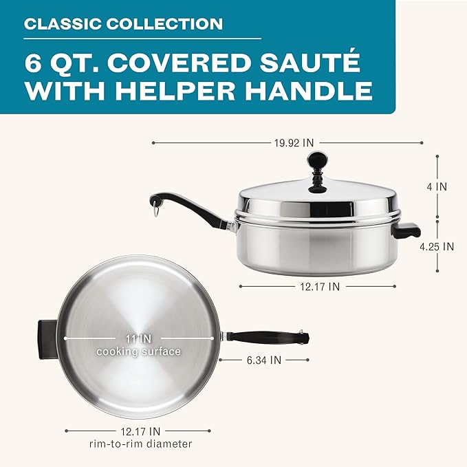 Farberware Classic Series Anniversary Edition Stainless Steel Sauté Pan and Lid with Helper Handle, Induction Suitable, 6 Quart Jumbo Cooker, Metal Utensil Safe - Stainless Steel