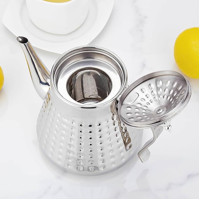 SANQIAHOME 1.2L(40oz) Stainless Steel Hammer Patterned Teapot With Removeable Infuser,Loose leaf cover,Silver