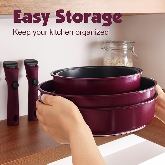 SENSARTE 17 Piece Pots and Pans Set, Nonstick Detachable Handle Cookware Set, Induction Thermo-Signal Cookware Set with Removable Handle, Healthy Non Stick for RV, Dishwasher ＆ Oven Safe (Purple)