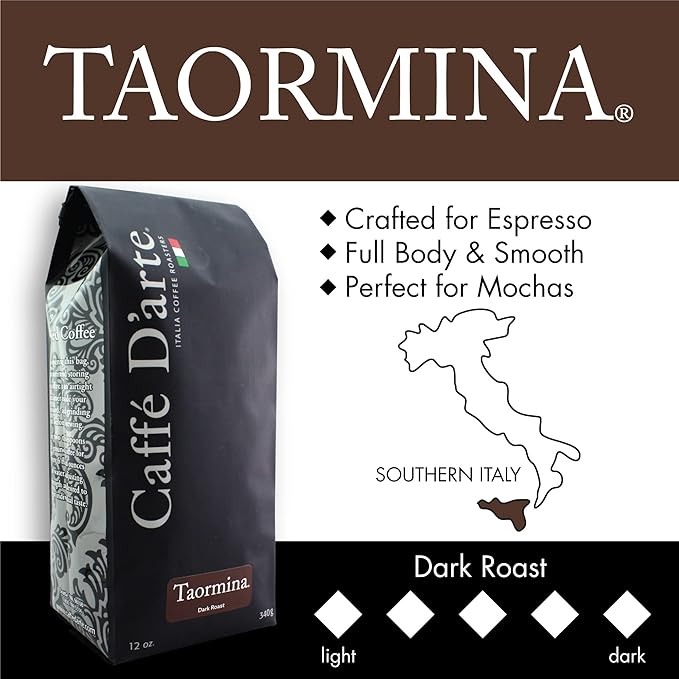 Caffé D’arte Taormina Whole Bean Espresso Coffee – Italian Roast, Bold & Velvety Body with Smooth Finish – Roasted in Seattle, Ideal for Espresso Drinks, Cappuccinos & Mochas – 12 oz