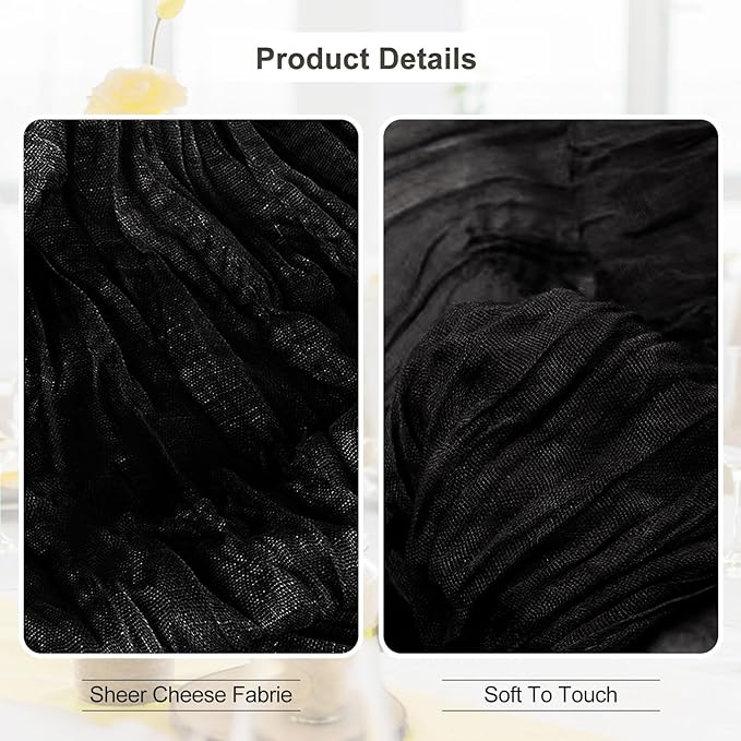 1 Pack Black Cheesecloth Table Runner 35x120 Inch 10Ft Rustic Gauze Cheese Cloth Halloween Table Runner Sheer Cheesecloth Table Runners for Wedding Party Bridal Shower Decoration