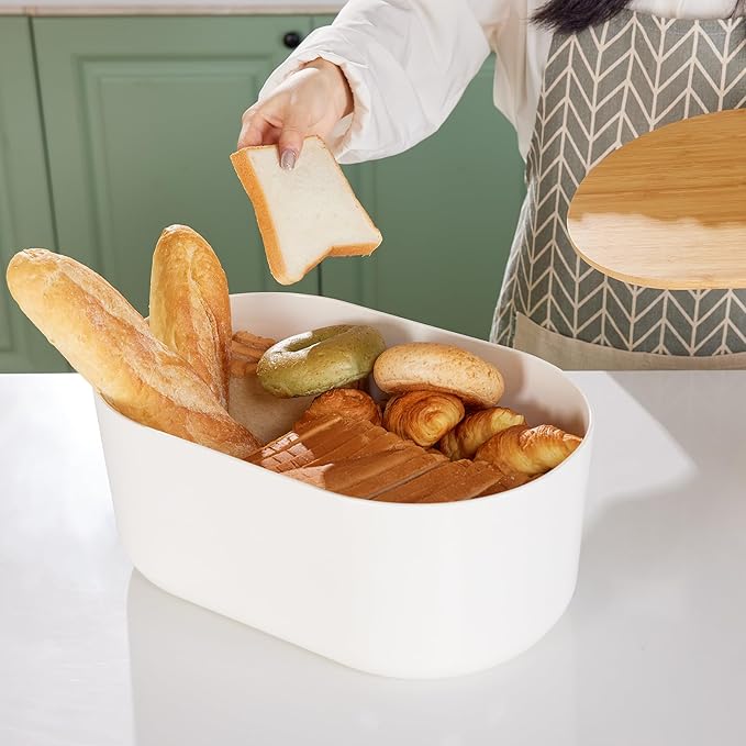 HouseJoy Large Bread Box for Kitchen Countertop,Fiber Bread Box With Cutting Board Lid,White Bread Storage for Homemade Container,Corner Bread Holder for Toast Bagel Donut Cookies