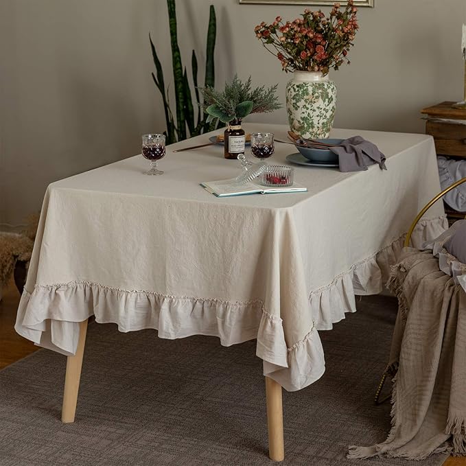 Retro Farmhouse Ruffle Tablecloth Cotton Flounces Trim Washable Table Cover Tablecloths for Rectangle Table Baby Shower Kitchen Party Wedding Decor 60''x102''